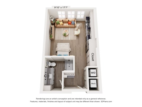 A 3D floor plan of a small apartment with a kitchen, living room, and bathroom.